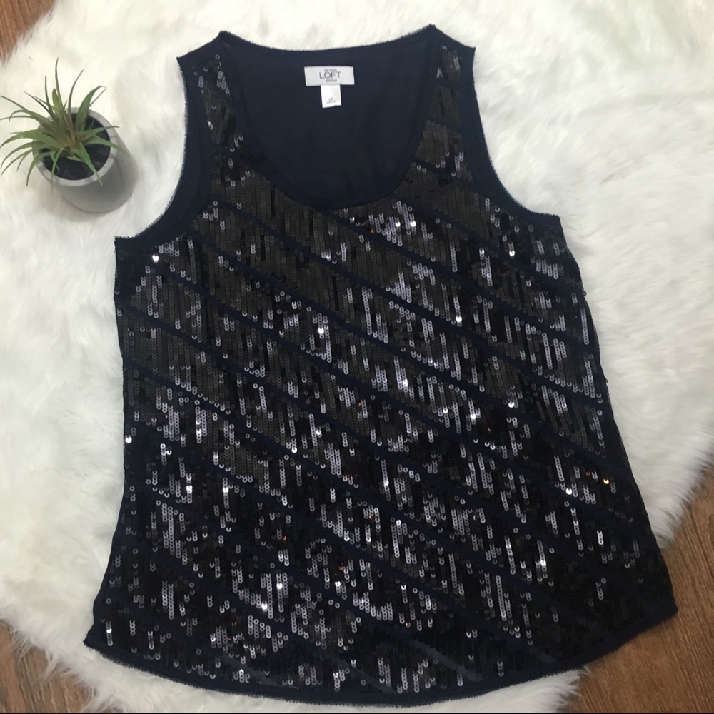 LOFT Navy Black Sequin Tank Sleeveless Blouse LP